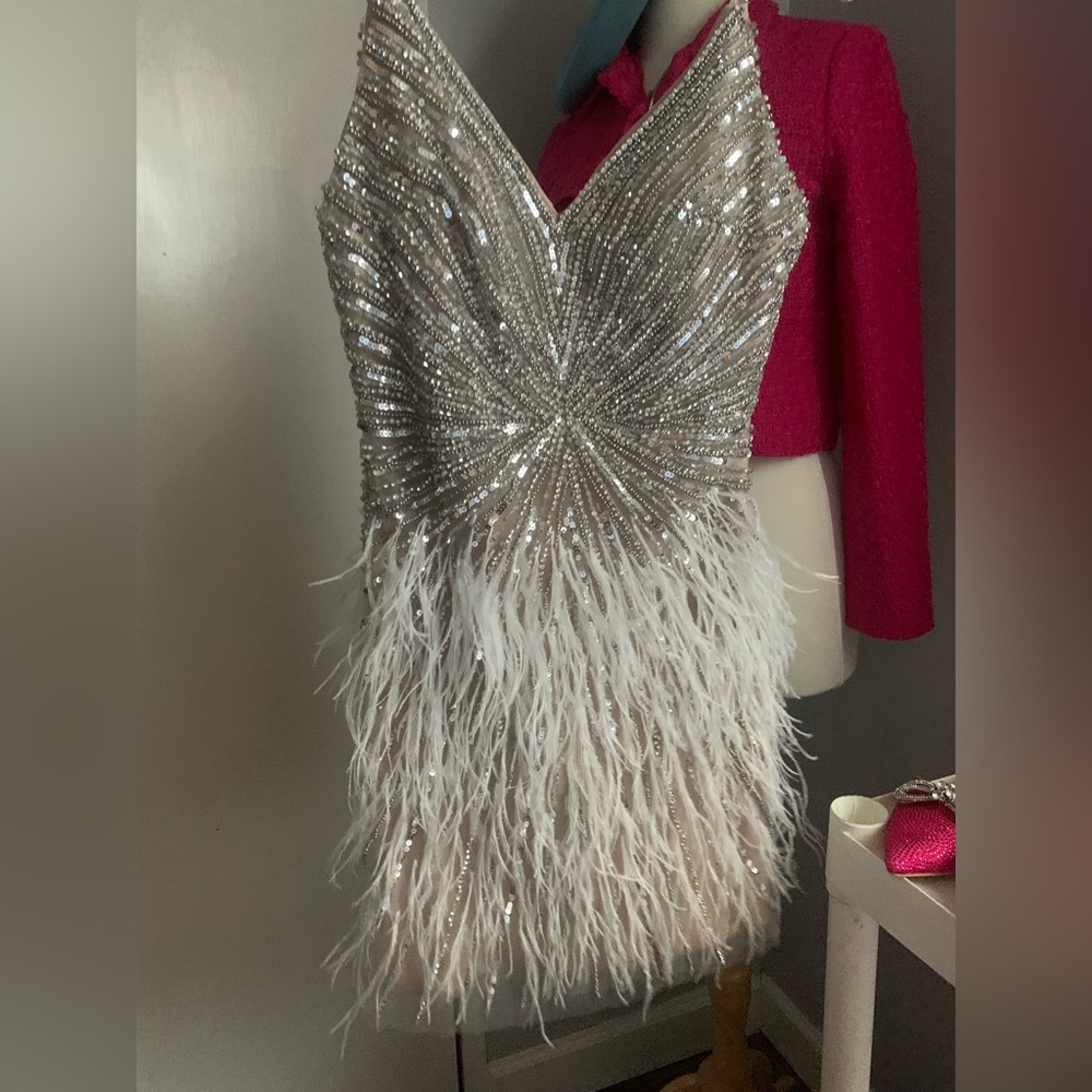 Beige Rhinestone Feather Mini Dress - Picture 3 of 6